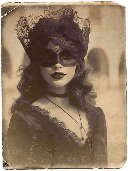 donna d'epoca con maschera veneziana nera, foto in bianco e nero