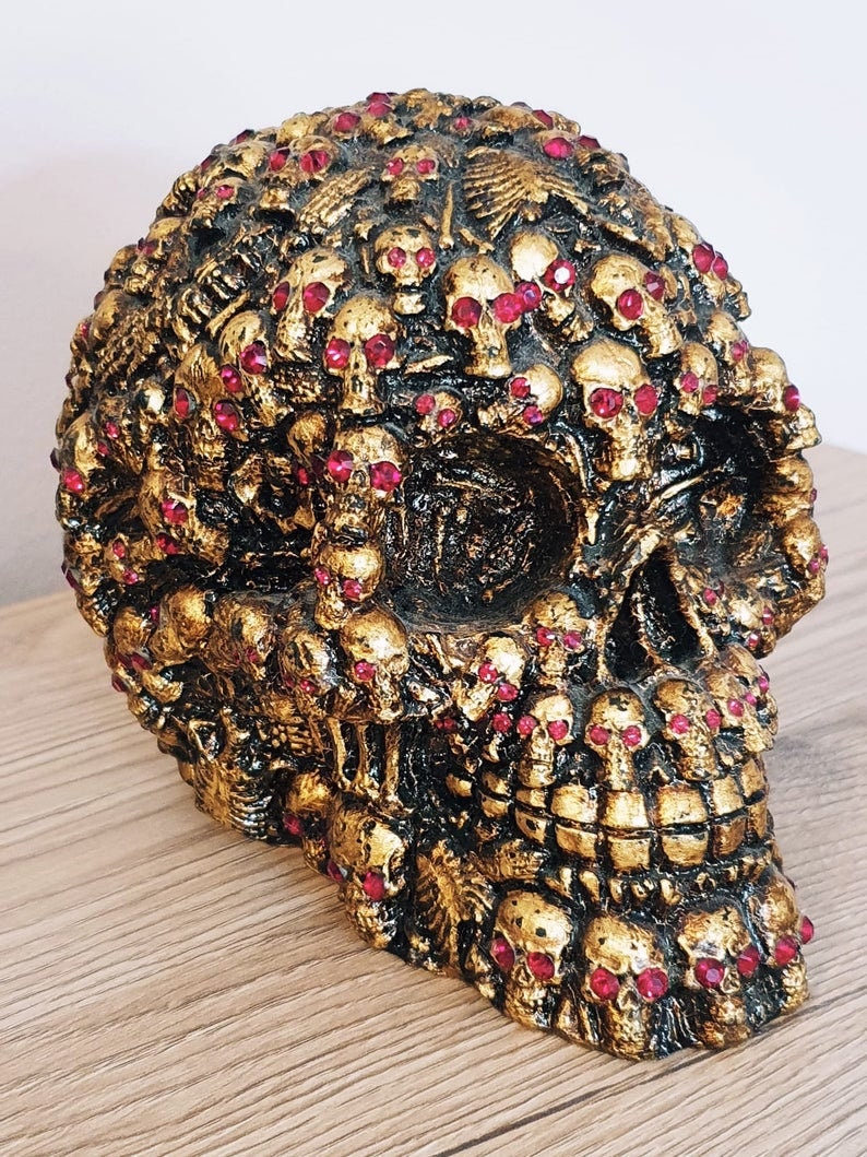 Mexican Death Day Mask skull/calavera with Swarovski Crystals and gold leaf, hand made with resin