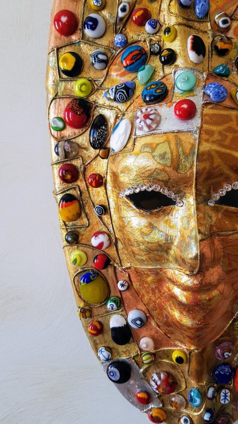 Máscara de hoja con cristal de Murano Original hecho a mano en Italia Arte italiano Decoración de estilo veneciano Decoración del hogar Máscara de pared