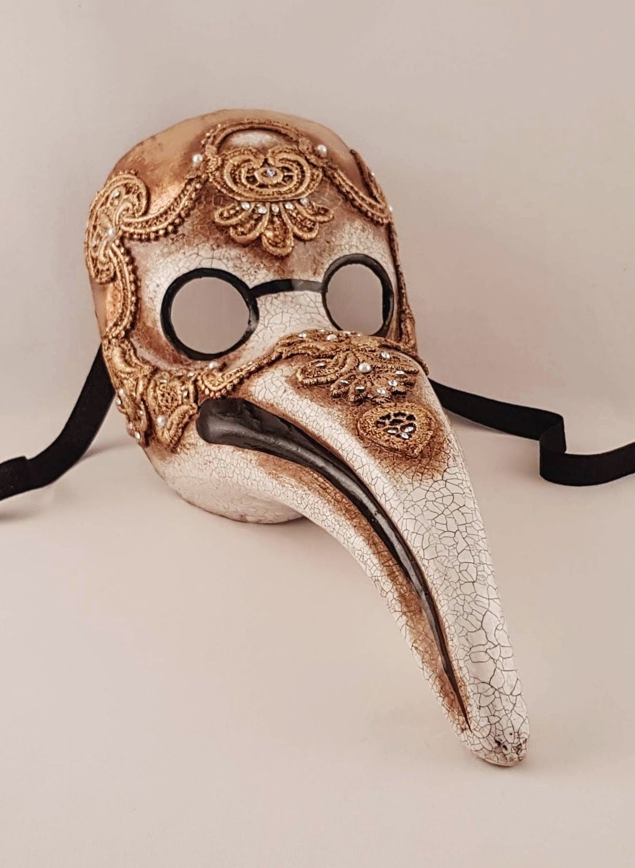 Plague doctor costume mask with macramè gold made by hand in Italy for the Venetian Carnival