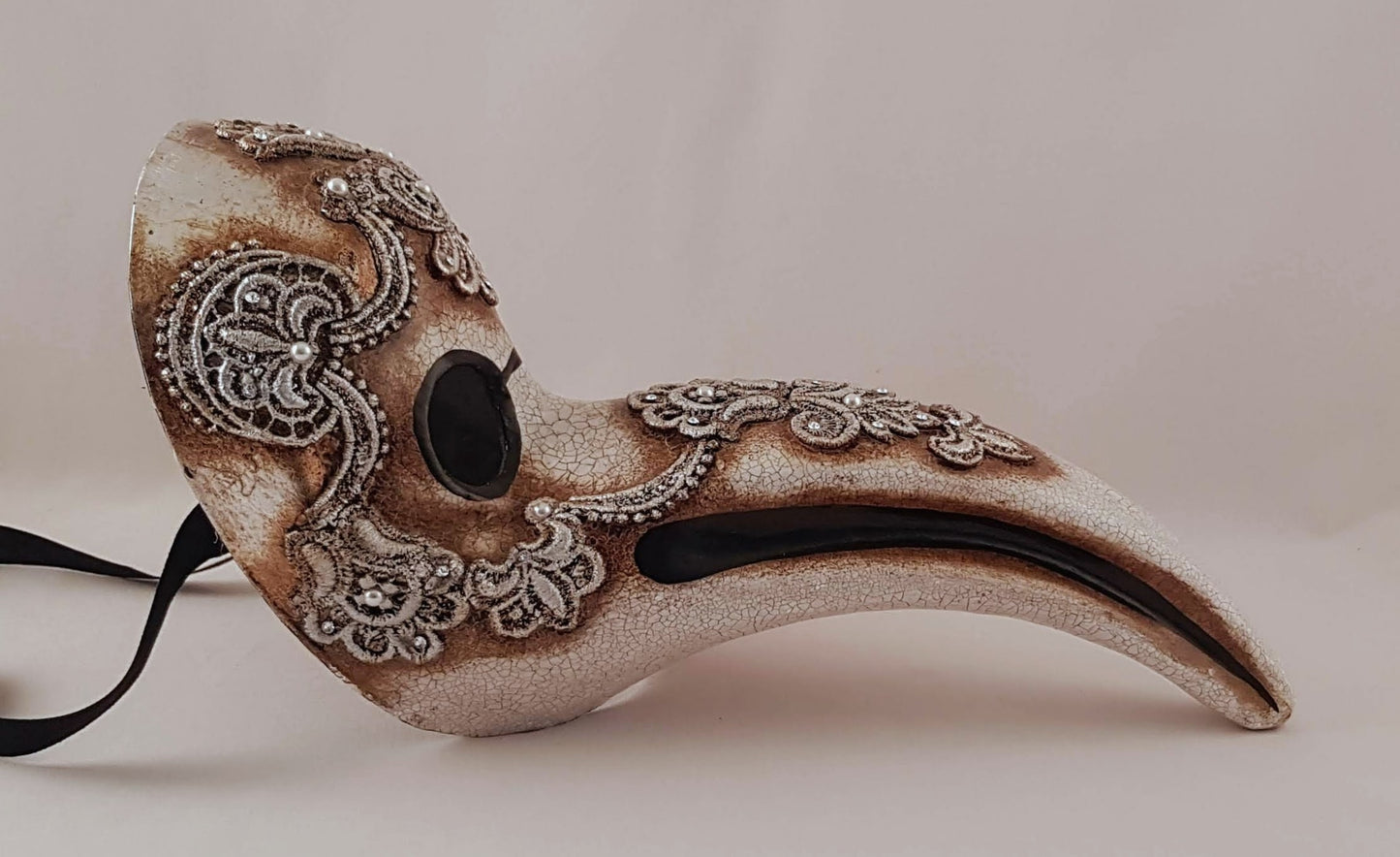 Plague doctor costume mask with macramè silver made by hand in Italy for the Venetian Carnival