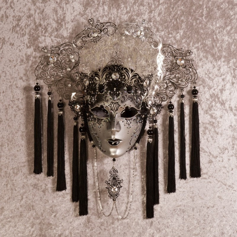 Nymph. Venetian mask in papier-mâché, made by hand. Decorated with fine trimmings, pearls, metal filigree and Swarovski stones. Marcella.