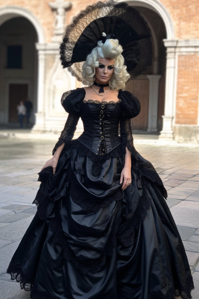 Exquisite Black Venetian Costume: Elegant Dress for Venetian Masquerades, Carnivals, and Events with Gold Embellishments!