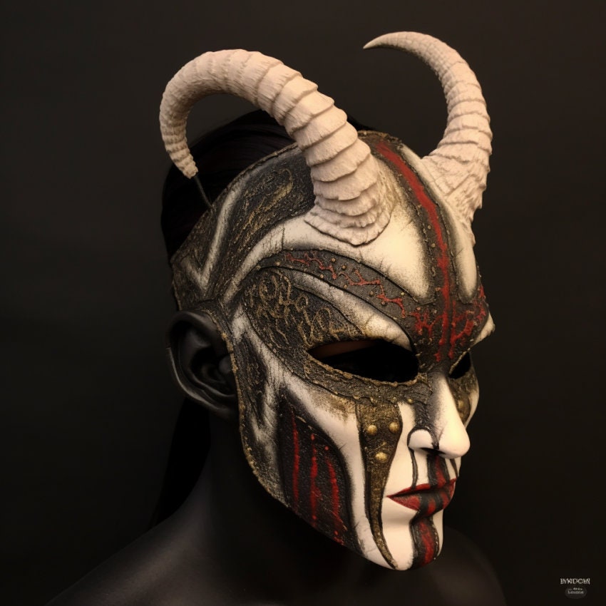 Limited Edition Made for me. Full face demon mask. White, gold, black and red demon mask. Masquerade mask. Carnival mask.
