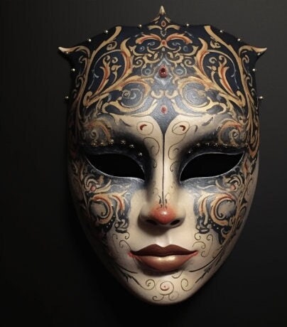La enigmática y elegante máscara veneciana utilizada por Giacomo Casanova, un vistazo al siglo XVII, en tonos oscuros adornada con oro barroco