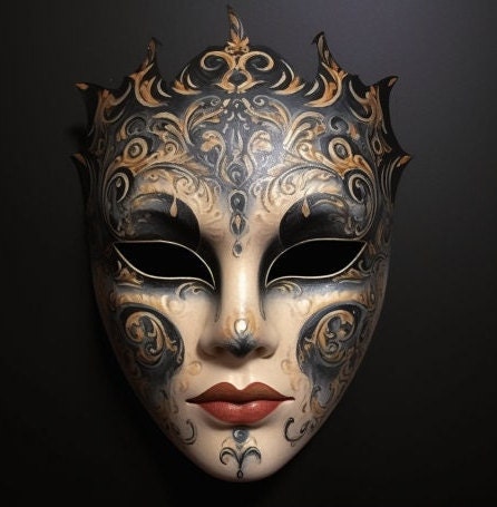La enigmática y elegante máscara veneciana utilizada por Giacomo Casanova, un vistazo al siglo XVII, en tonos oscuros adornada con oro barroco