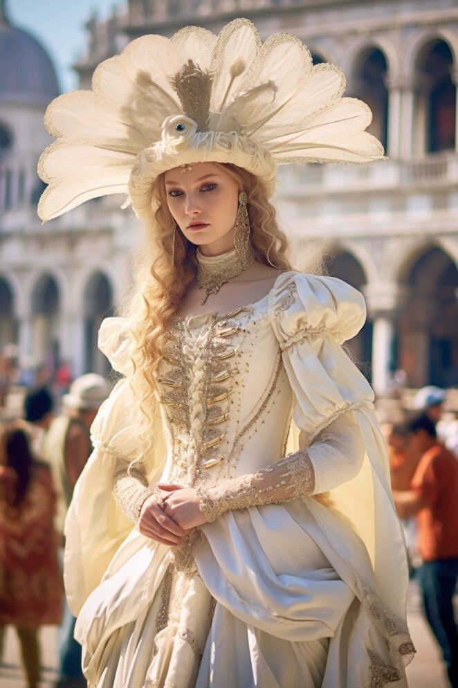 Exquisite white Venetian Costume: Elegant Dress for Venetian Masquerades, Carnivals, and Events with Gold Embellishments!