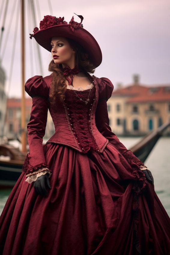 Exquisite Burgundy Venetian Costume: Elegant Dress for Venetian Masquerades, Carnivals, and Events with Gold Embellishments!