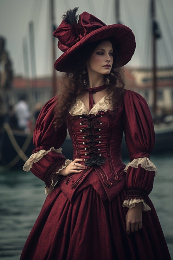 Exquisito disfraz veneciano burdeos: ¡Vestido elegante para mascaradas, carnavales y eventos venecianos con adornos dorados!