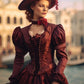 Exquisito disfraz veneciano burdeos: ¡Vestido elegante para mascaradas, carnavales y eventos venecianos con adornos dorados!