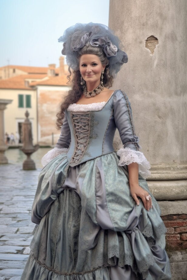 Disfraz veneciano: ¡Vestido elegante y exquisito para mascaradas, carnavales y eventos venecianos con adornos dorados!