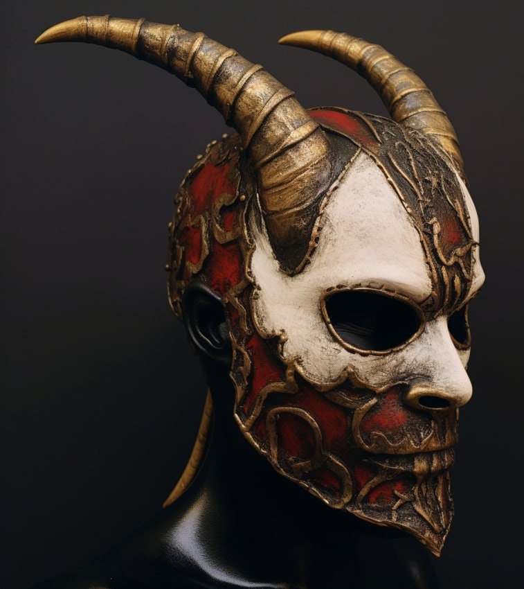 Edición limitada hecha para mí. Máscara de demonio de media cara. Máscara de demonio blanca y roja. Máscara de mascarada. Máscara de carnaval.