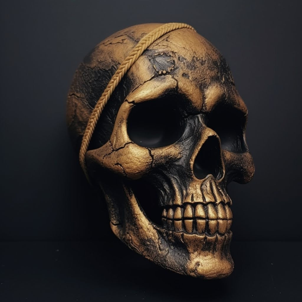 EDICIÓN LIMITADA Calavera de Guerrero Maya: Descubre la majestuosidad de la antigua cultura maya con esta máscara de calavera de guerrero adornada con una trenza dorada
